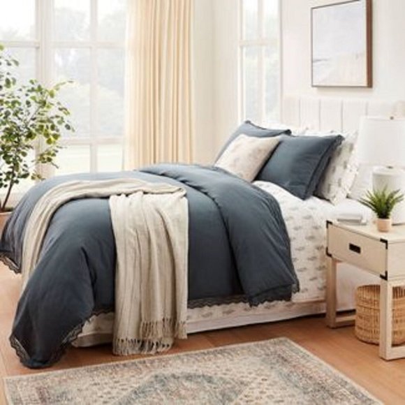 California King Lace Border Cotton Slub Duvet & Sham Set Slate Blue - Threshold - Picture 2 of 6
